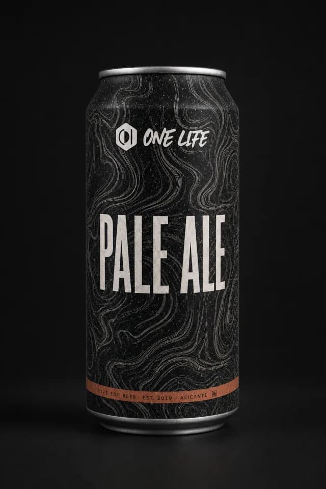 Studio render of the One Life Pale Ale can: black marble field, clay band, emblem and ONE LIFE wordmark
