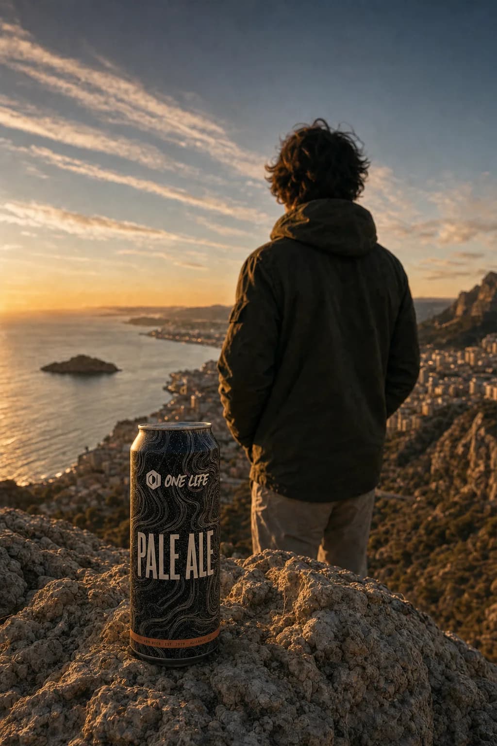 Render of a figure seen from behind on a cliff above the Mediterranean, a One Life Pale Ale can resting on the rock in the foreground