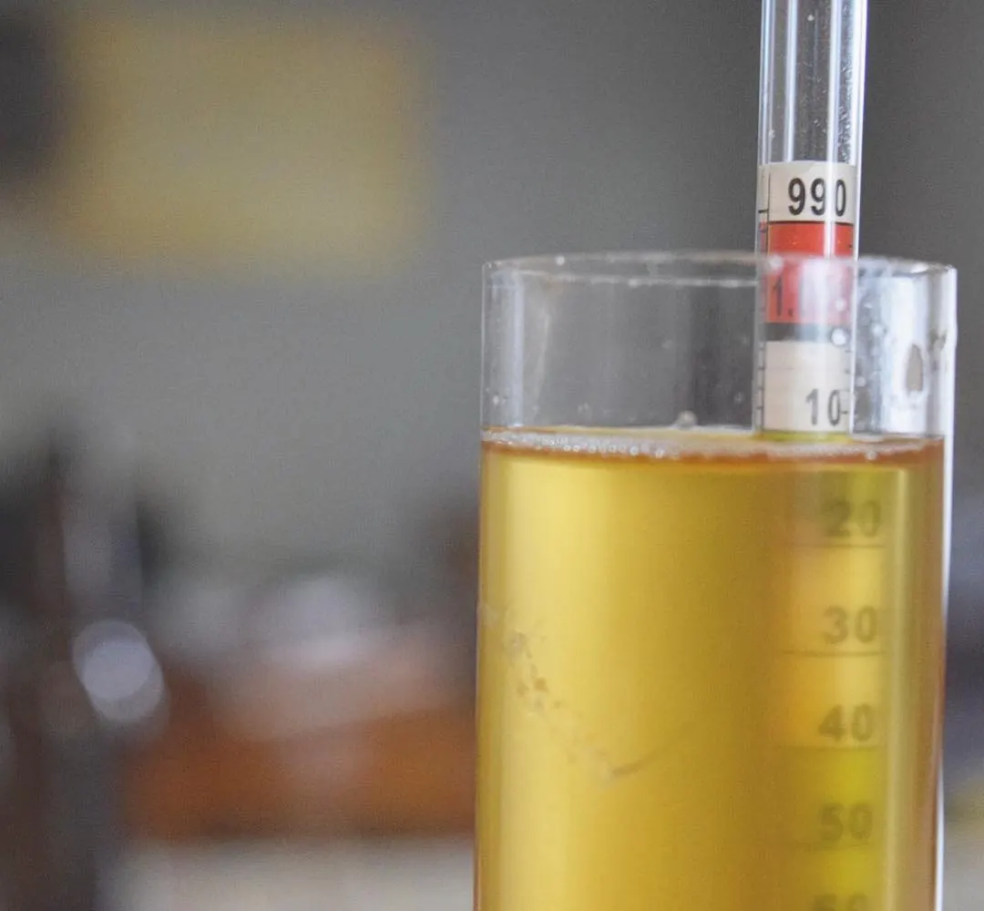 Archive photograph of a hydrometer reading and bottles on a Waters Brewer Study brew day · 2017