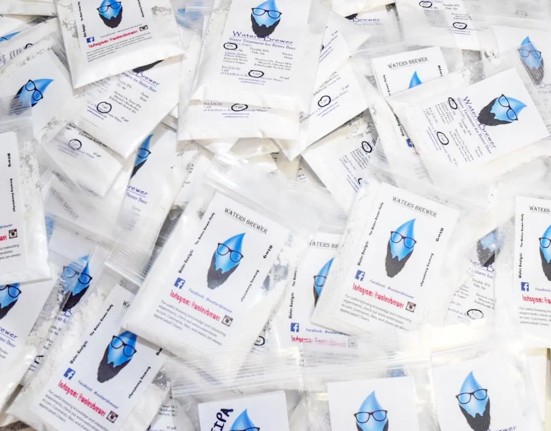 Archive photograph of Waters Brewer mineral sample packs prepared for a homebrewers conference · 2017
