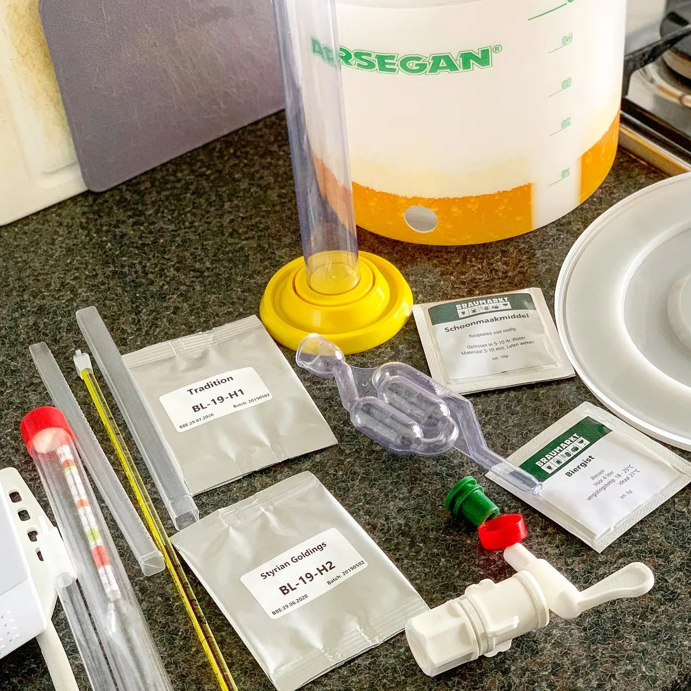 Archive photograph of a one gallon homebrew kit's contents in the Netherlands · 2020